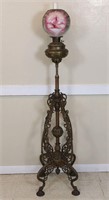 Ornate Cast Iron Piano Lamp w/ Scenic Globe Shade