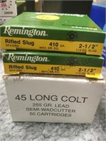 Box of 45 long colt & 2 boxes of 410 gauge ammo