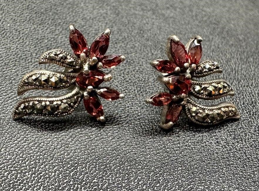 Sterling Silver Garnet Marcasite Earrings