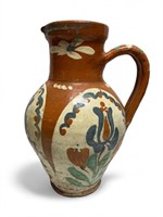 Rustic terracotta pottery pitcher hand painted