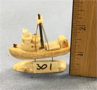 2 1/2" x 2" fossilized ivory tug boat carving moun