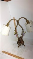 ornate brass lamp with 2 lights and shades