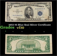 1953 $5 Blue Seal Silver Certificate Grades vf++