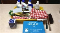 Towels,cleaning supplies first aid kit,plastic tub