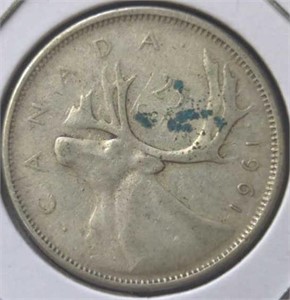 Silver 1961 Canadian quarter