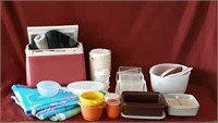 Tupperware, 2 plastic lined tablecloth,  cooler,