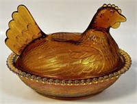 NICE AMBER GLASS COVERED BUTTER HEN
