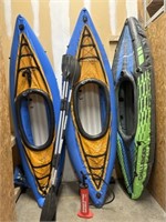 3 Kayaks with Paddles and Pump. Two Have Slow