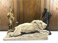 One "Stalking Lion" and Two Figural Sculptures