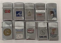 Lot of 10 Zippo Slim Lighters Most Advertising