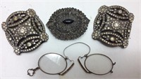 VICTORIAN SHOE BUCKLES, GLASSES, BROOCH