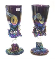 Pair of art glass hand blown iridescent goblets