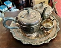 Five Piece Silver Plate Tea Set with Round Tray