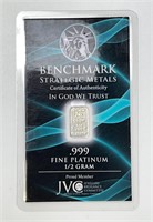 .999 Fine PLATINUM 1/2 Gr Bar Sealed