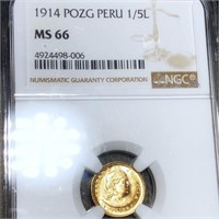 1914 Peru Gold 1/5 Libra NGC - MS66