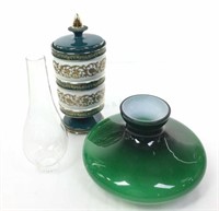(3pc) Italian Porcelain Cache Jar, Cased Glass