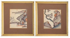 Japanese Framed Silk Textile Fragments, Pair