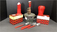 2 Red recipe file boxes, toothpick holder, capped