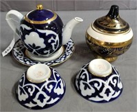 Cobalt Blue & White Teapot, Cups & Covered Dish