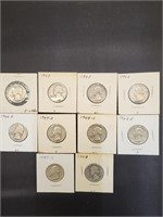 Ten 1940s Silver Washington Quarters