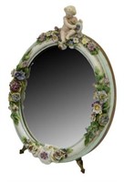 FRENCH PORCELAIN DRESSING MIRROR, PUTTI FIGURE