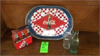 Coca-Cola tray, bottles, pail