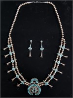 STERLING NAVAJO SQUASH BLOSSOM NECKLACE & EARRINGS
