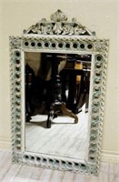 Polychrome Guilloche Carved Beveled Mirror.