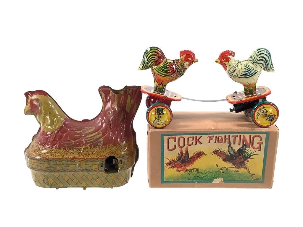 2 Tin Wind Up Toys, Musical Hen, Fighting Roosters