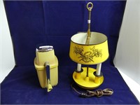 YELLOW TIN LAMP AND VINTAGE ICE CRUSHER