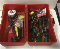 Red Toolbox With Tools And Fishing Treble Hooks