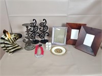 Home Misc: Zebra tin, Frames, Candle holders,