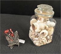 6 Lighthouse Napkin Rings & Jar Of Seashells
