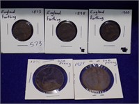 3 England Farthings(1873, 1898,1900) & 2 One