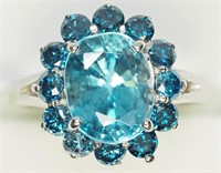 $5400. 14K Blue Zircon Diamond RIng