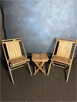 Pair of Vintage Wooden Folding Chairs and Small Ta
