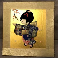 Japanese fabric picture: child in spring garden