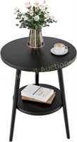 Side Table Round Bedside Table (Black  2-Tier)