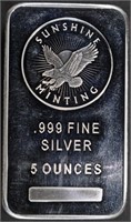 (1) 5 OZ .999 SILVER SUNSHINE MINTING BAR