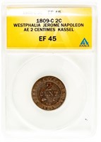 Coin 1809-C 2 Centimes German Kassel-ANACS-EF45