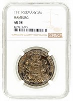 Coin 1911-J 3 Mark Silver Hamburg-NGC-AU58
