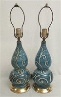 Pair of Blue, Glazed Lamps, No Shades. One works