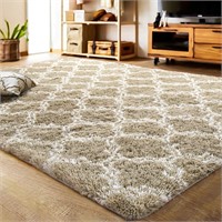 Luxury 8x10 Ft. Shag Area Rug  Beige/White