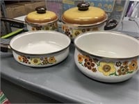 Set of four vintage enamelware pots floral