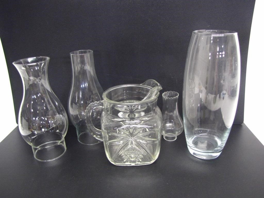 GLASS WATER JUG, VASE, OIL LAMP SHADES