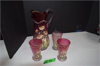 Painted Glass Pitcher & Three Glasses