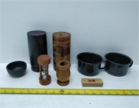 assorted lot: candles, mugs, hourglass, etc