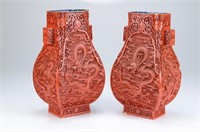 PAIR OF CINNABAR LACQUER STYLE VASES