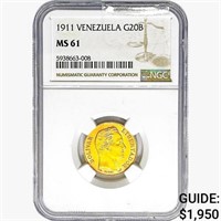 1911 Venezuela .1867oz Gold 20 Bolivares NGC MS61