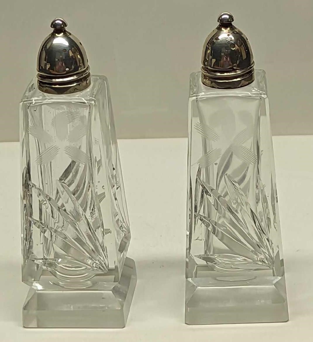 Glass Salt & Pepper Shakers W Sterling Silver Tops